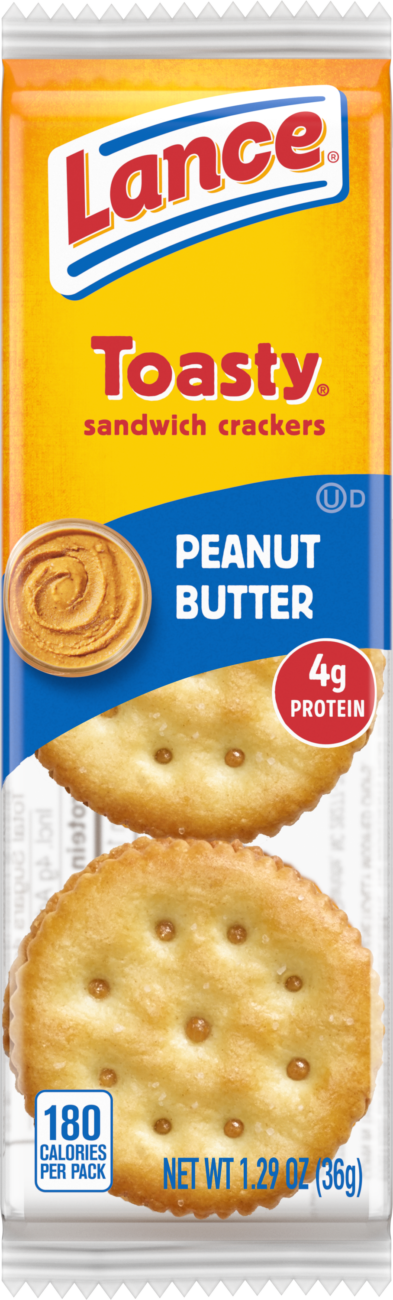 Lance Toasty Real Peanut Butter Sandwich Crackers featuring freshly baked round crackers filled with real peanut butter.