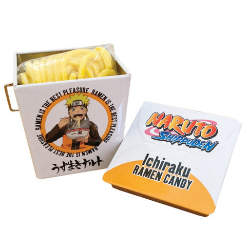 Naruto Shippuden Ramen Candy featuring fruit punch flavored candy noodles in a collectible Ichiraku Ramen takeout-style tin.