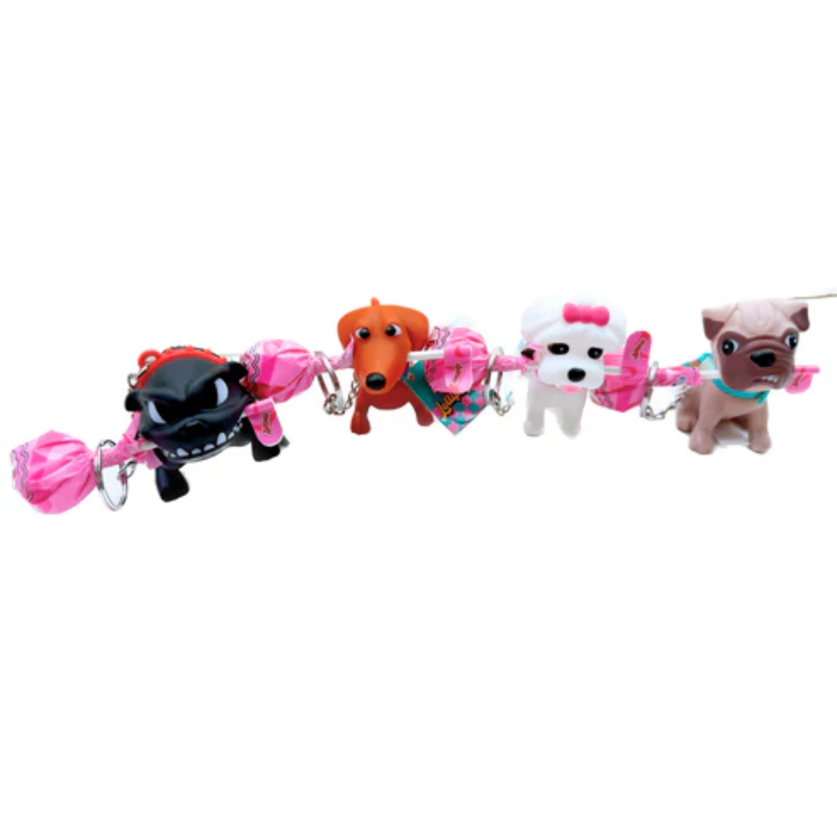 Toy set with small dog figures and pink chew toys.