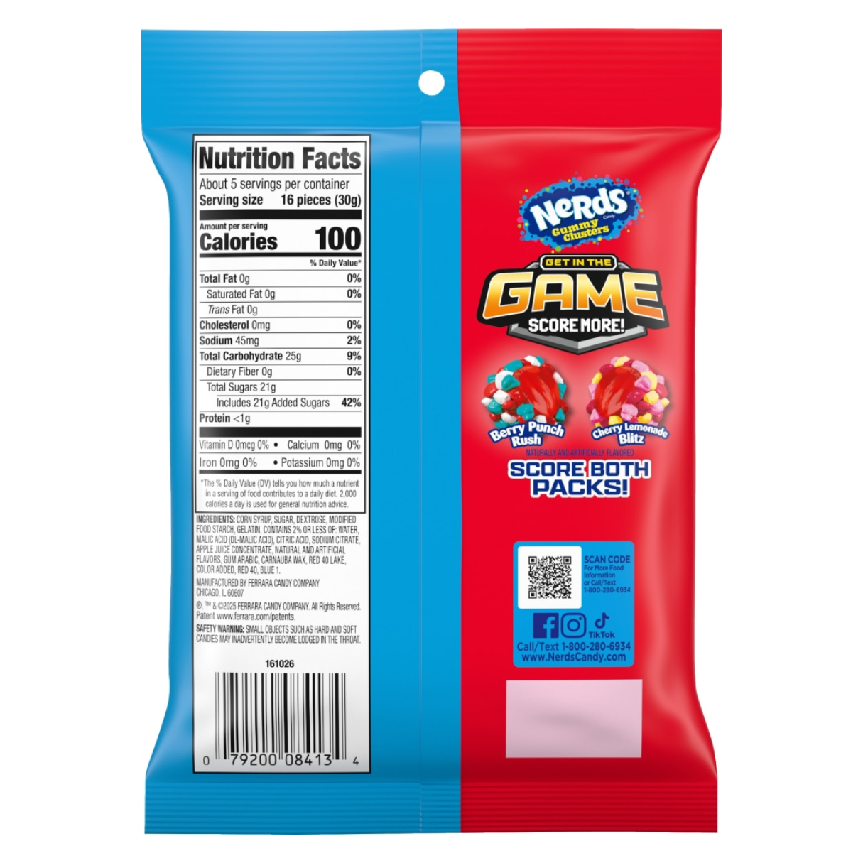Nerds candy package with blue and red design, featuring nutrition facts and branding.
