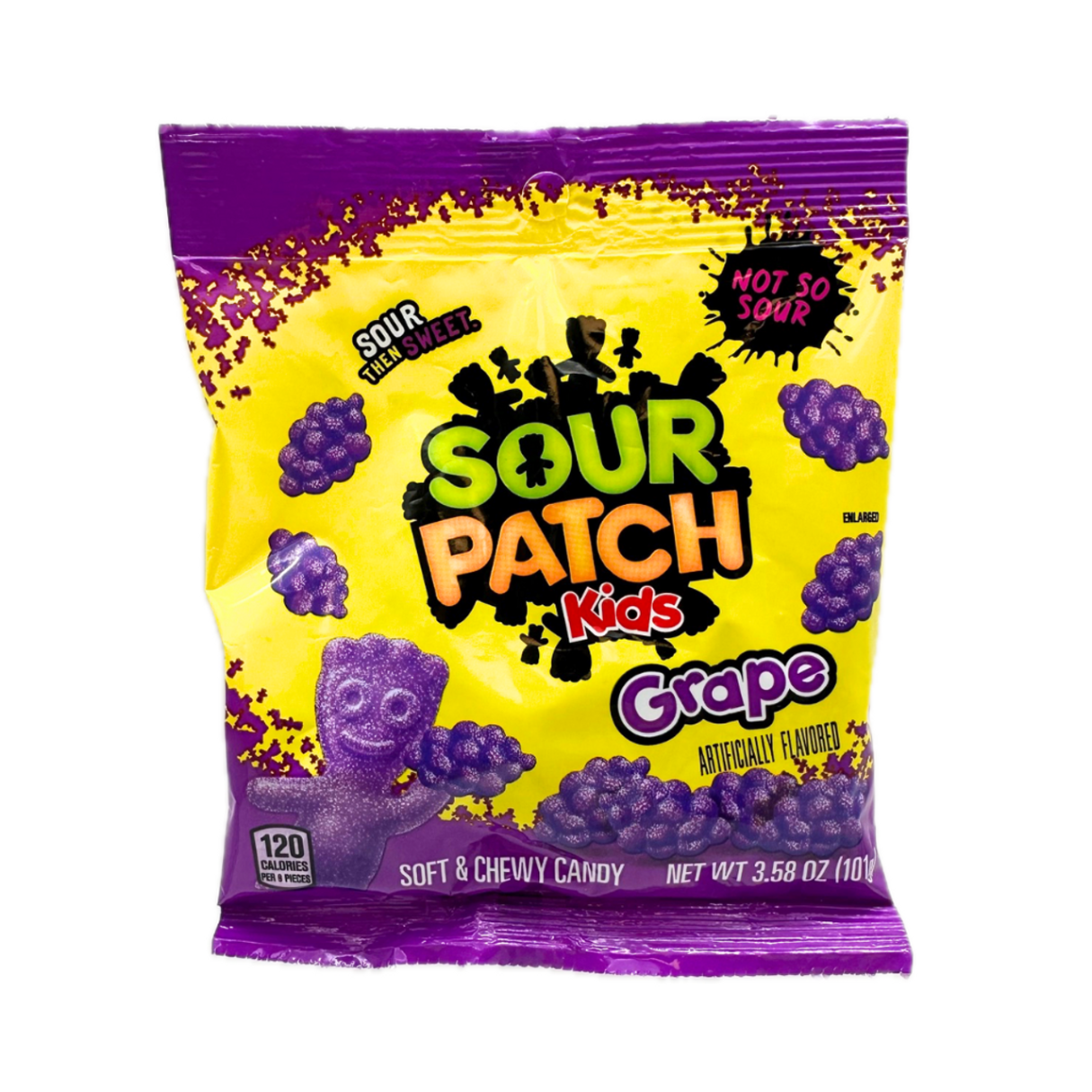 Sour Patch Kids Grape Peg Bag featuring purple grape-shaped soft and chewy candy with a sweet and sour grape flavor.