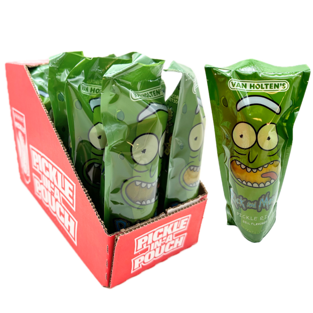 Van Holten's Pickle Rick Pickle in a Pouch, showing a large, individually wrapped dill pickle in green Pickle Rick-themed packaging.