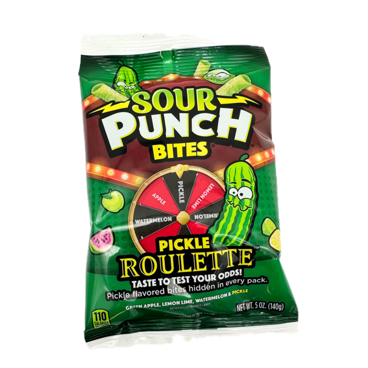 A peg bag of Sour Punch Bites Pickle Roulette flavored candy. The bag is green with images of a pickle and the candy bits visible through a window.