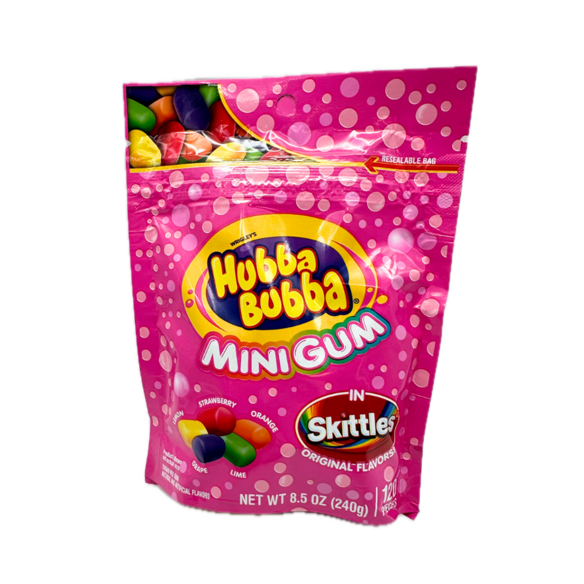 Hubba Bubba Skittles Mini Gum 8.5oz resealable bag featuring 120 bite-sized sugar-free bubble gum pieces in strawberry, orange, grape, lemon, and lime flavors, 8-count wholesale case.