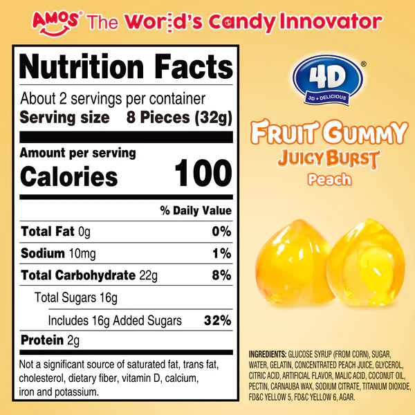 Amos 4D Fruit Gummy Peach Burst Peg Bag 6oz 12ct