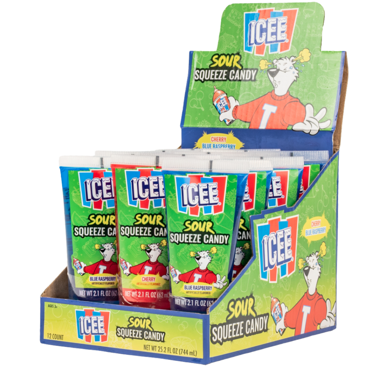 Icee Sour Squeeze Candy 2.1oz packages in assorted ICEE-inspired sour flavors, packed 12 pieces per wholesale display box.