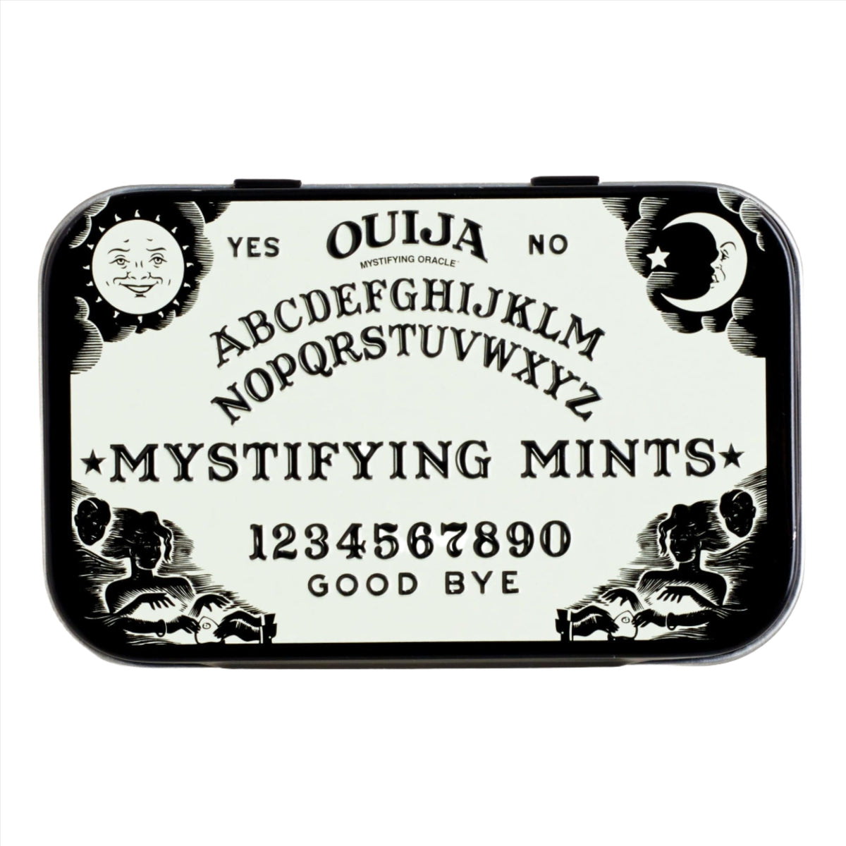 A pocket-sized black metal tin styled after a classic spirit board, printed with "OUIJA" and "MYSTIFYING MINTS". The tin features traditional artwork including sun and moon faces, the alphabet, numbers 1 through 0, and "YES / NO". To the right of the tin is a small pile of small, round white mint candies.