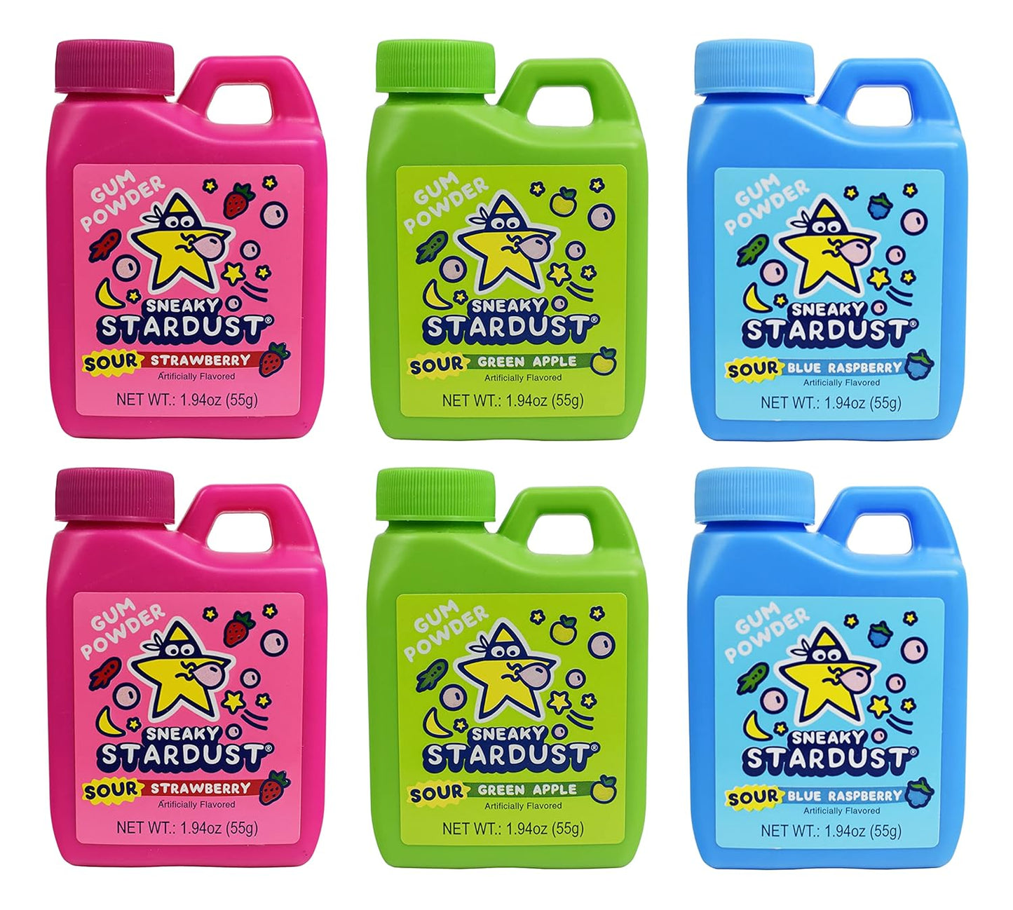 Sneaky Stardust Sour Gum Powder Candy featuring collectible colorful containers filled with sour gum powder and chewy candy in assorted fruity flavors.