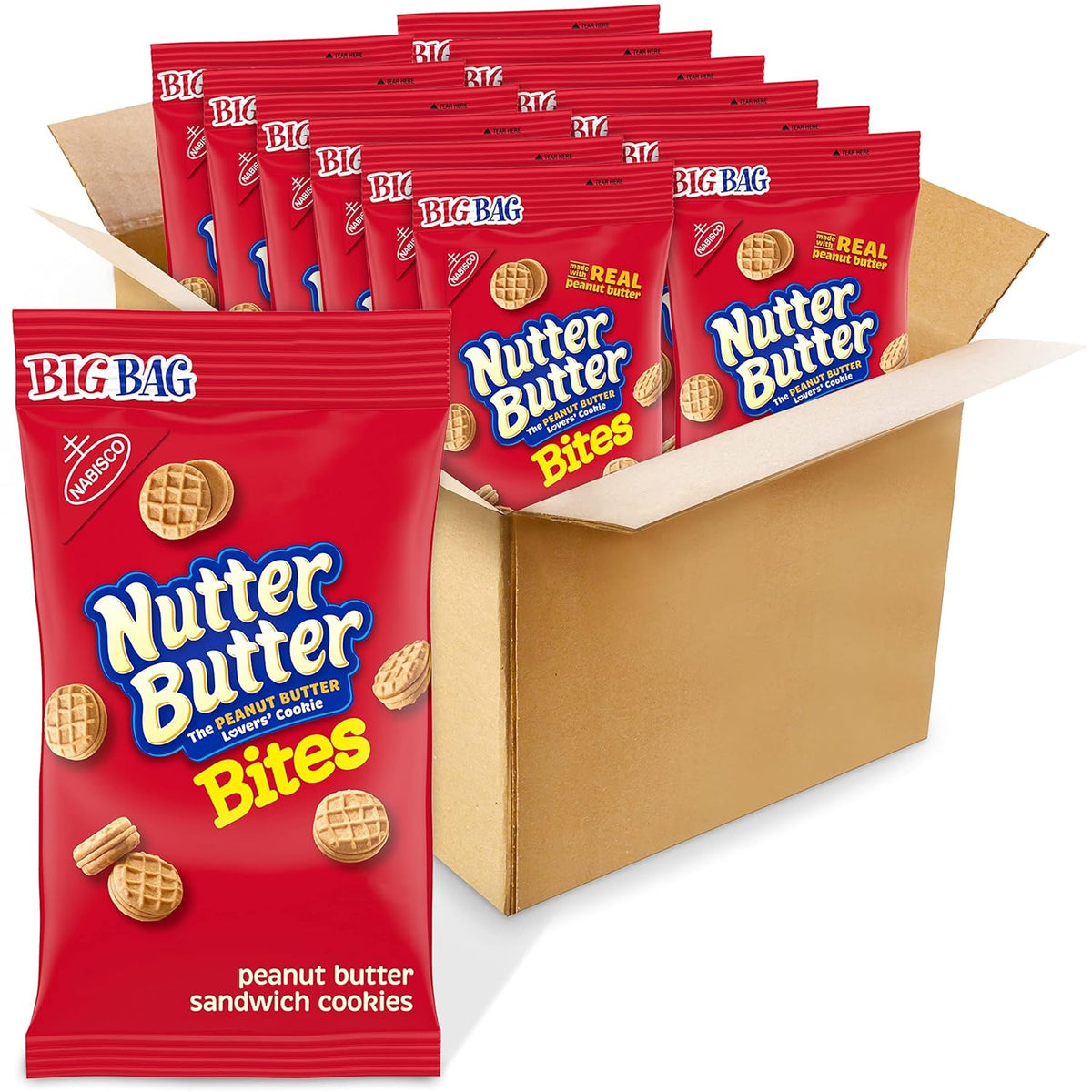 Nutter Butter Bites Peanut Butter Sandwich Cookies box featuring crunchy bite-size cookies with sweet peanut butter creme filling, in a 12-count wholesale case.