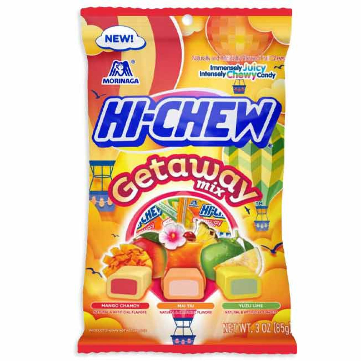 A package of Hi-Chew Getaway Mix candy with a colorful design featuring images of fruits and a travel theme.