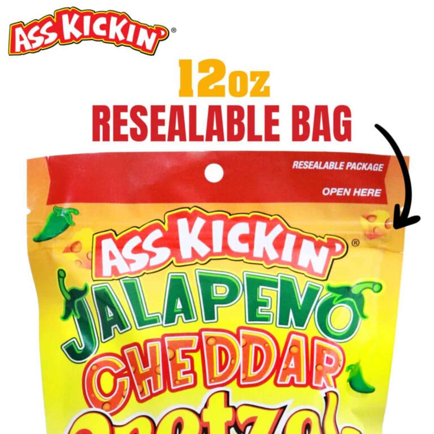 Ass Kickin Jalapeno Cheddar Pretzels Peg Bag 12oz 12ct