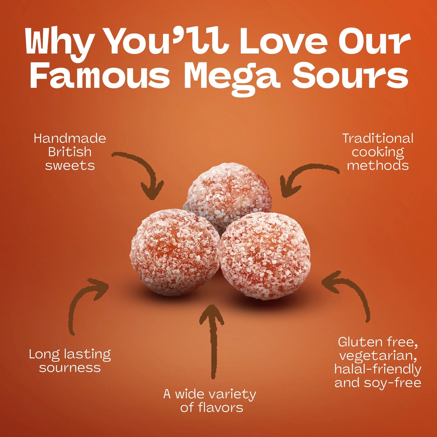 Barnetts Mega Sour Cola promotional graphic highlighting handmade British sweets and extreme sour flavor