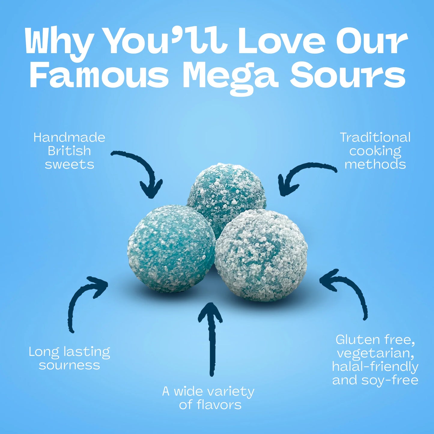 Blue Raspberry Mega Sours candy with features graphic highlighting extreme sour intensity