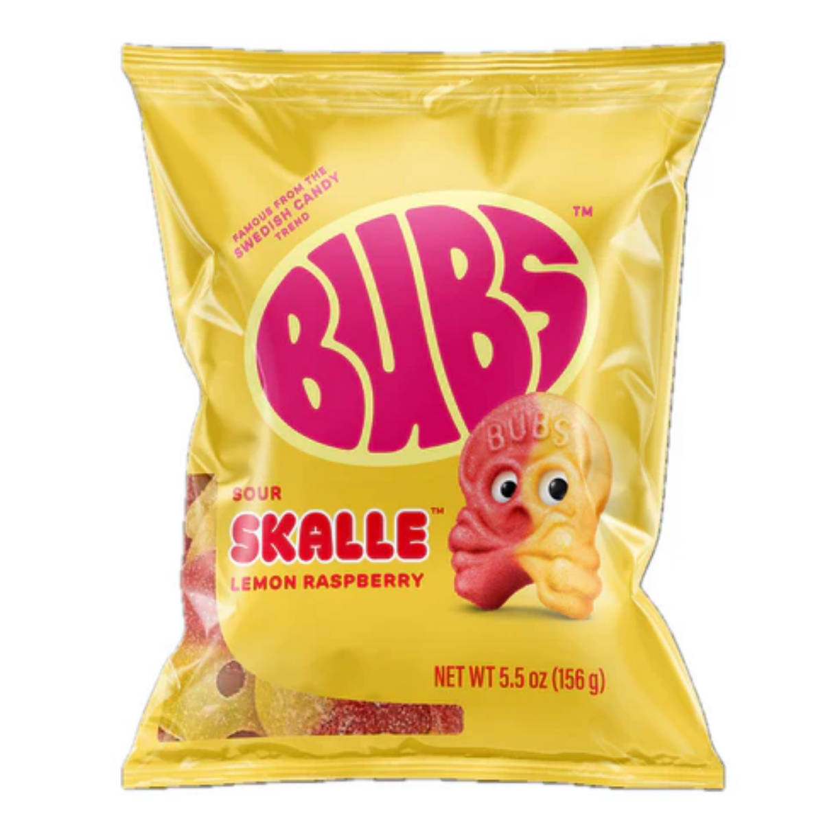 Yellow package of Skalle Lemon Raspberry Bubs candy with a cartoon character on a white background