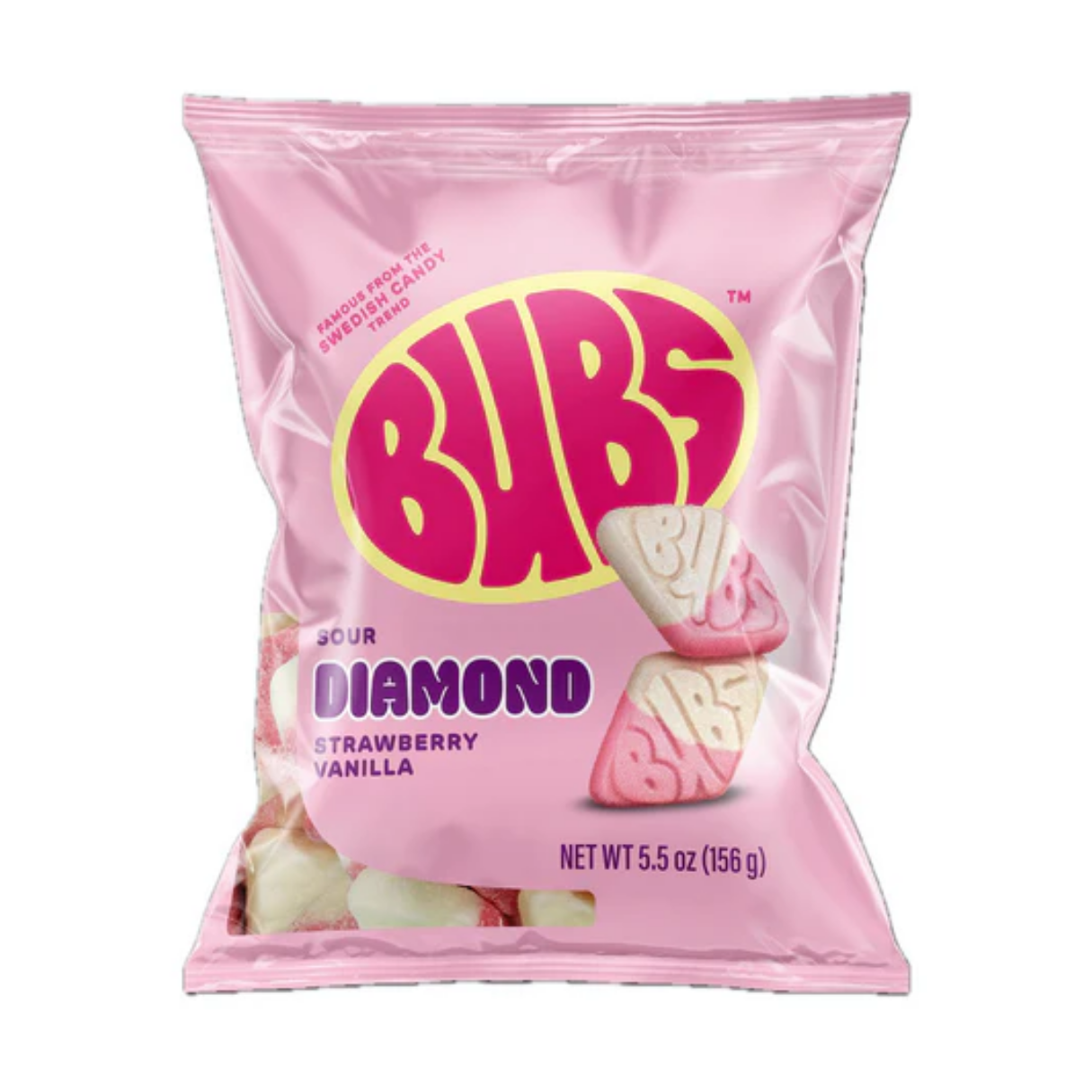 Pink package of BUBS Sour Diamond Strawberry Vanilla candy on a white background