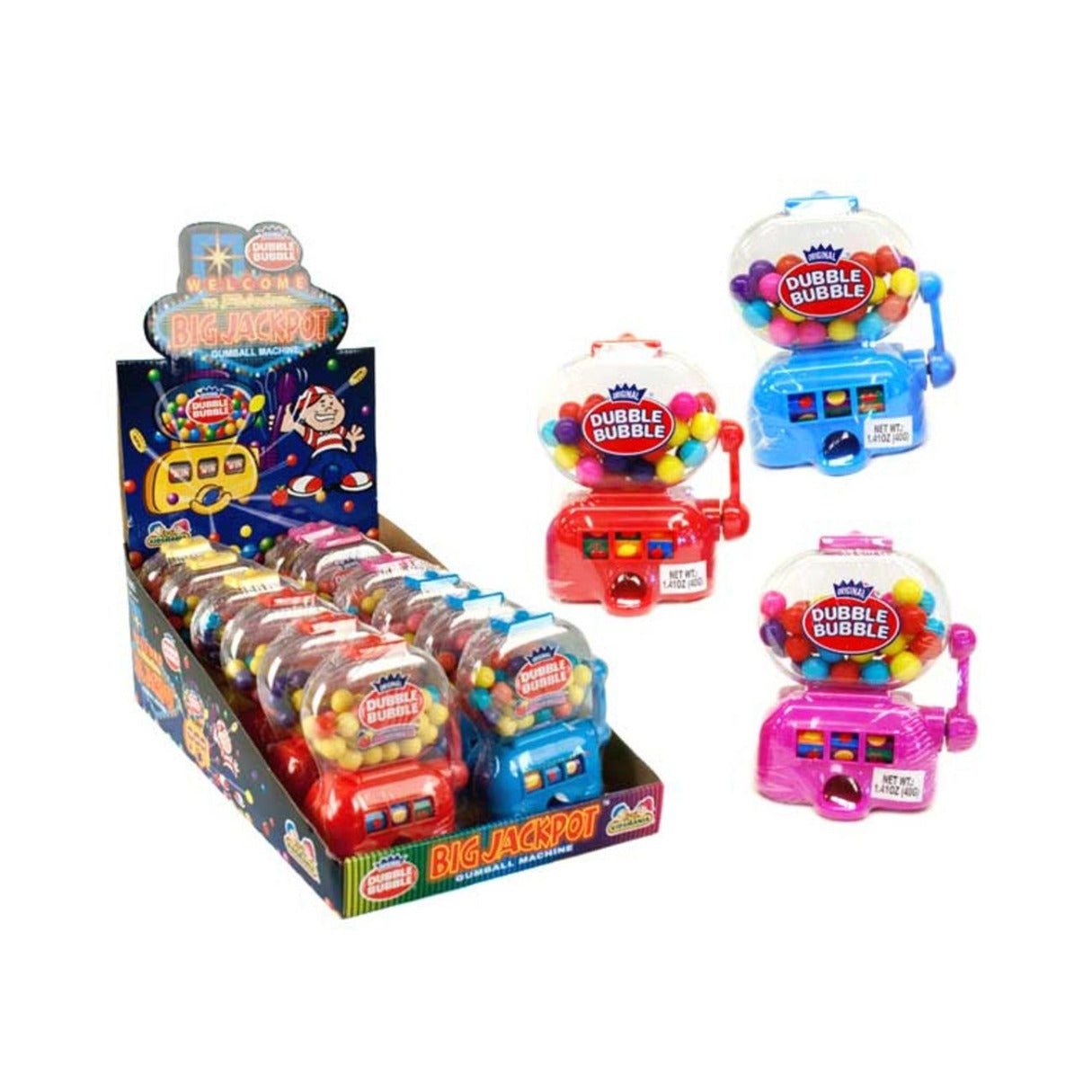 Assortment of colorful Kidsmania Big Jackpot Gumball Machines, each machine is a small, toy-shaped dispenser with gumballs inside. The machines are displayed in a box and individually, featuring a variety of colors.