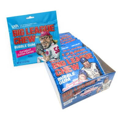 Big League Chew Curveball Cotton Candy Bubble Gum pouch and display box featuring baseball-themed packaging.