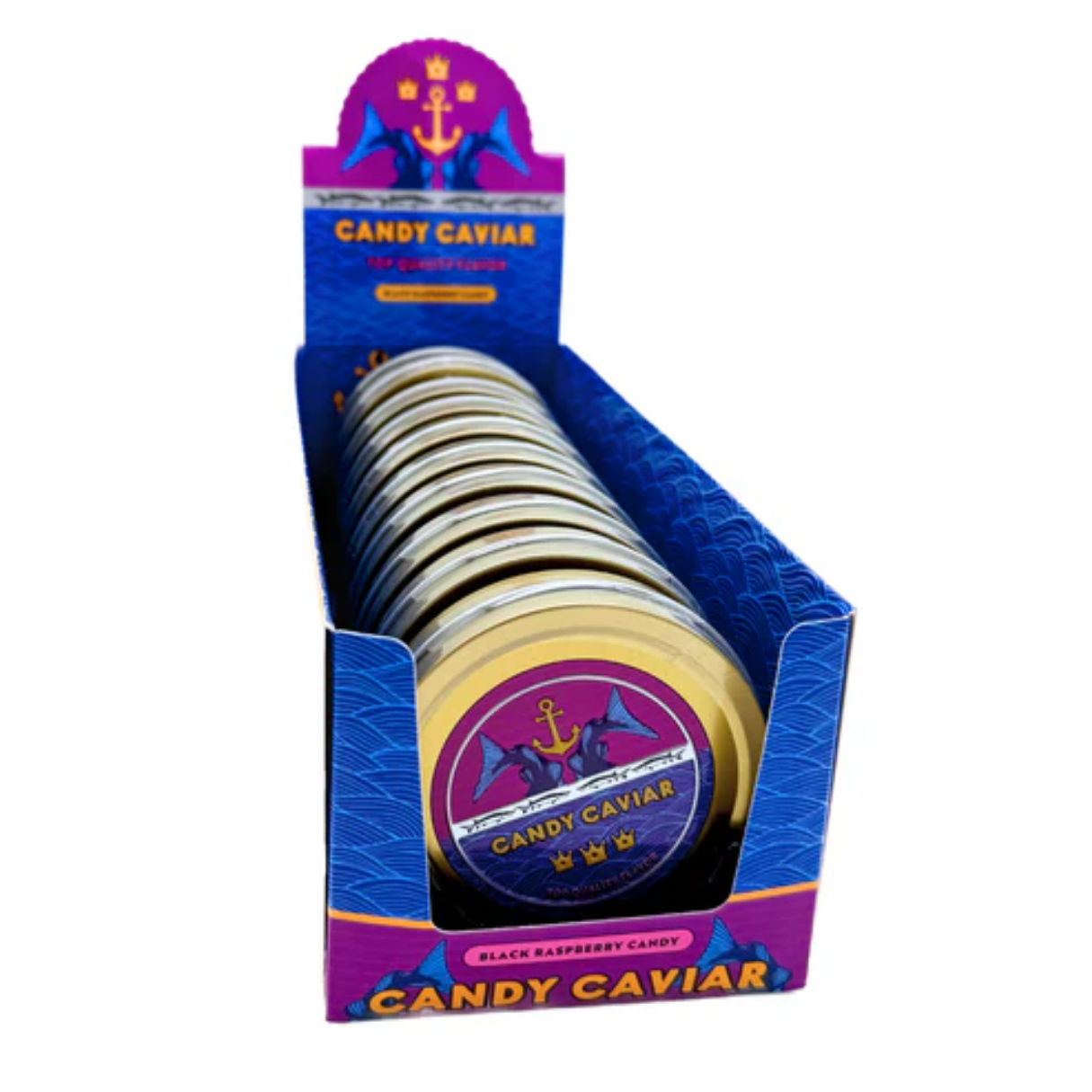 Display box of Candy Caviar with purple and blue packaging.