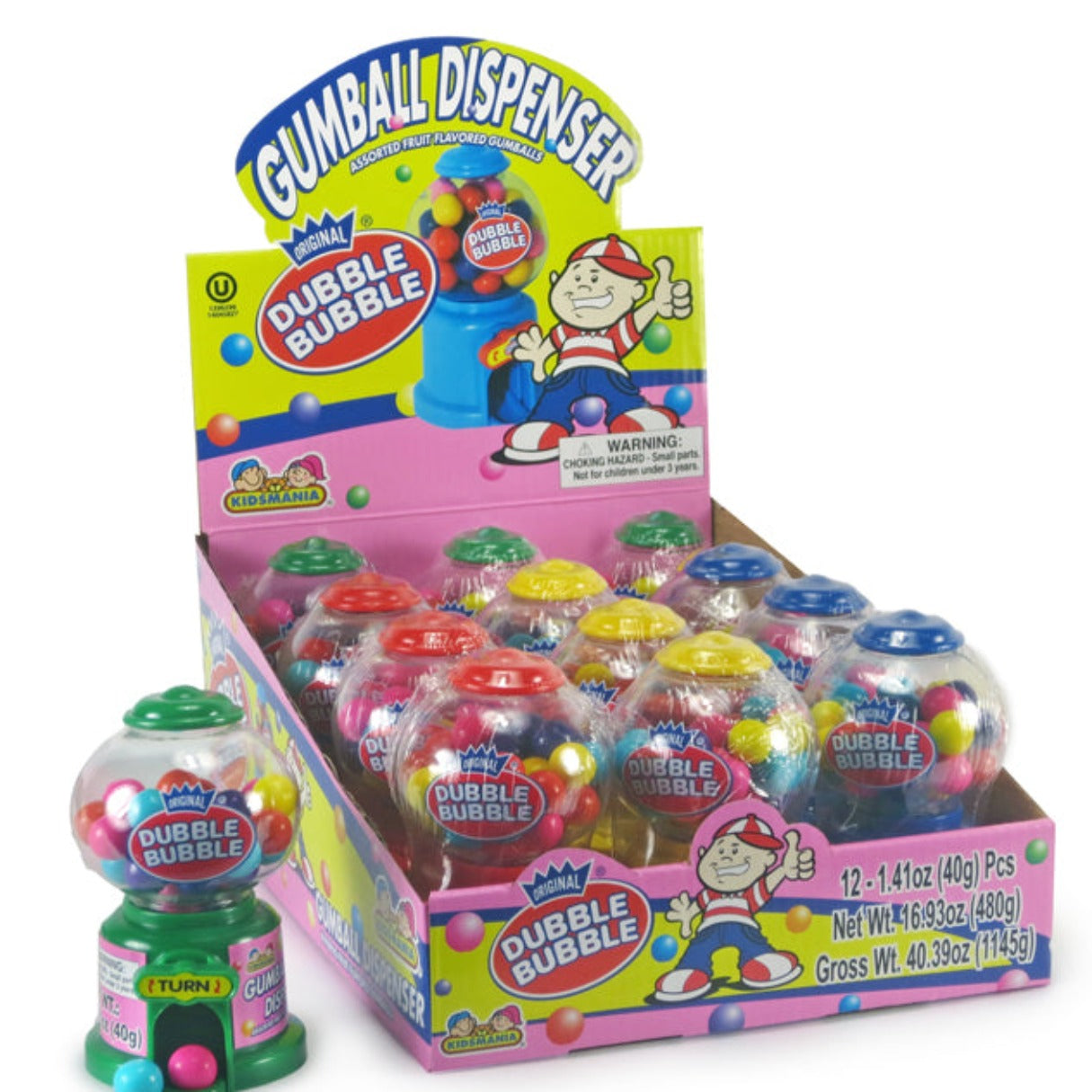 A collection of Dubble Bubble Gumball Mini Machines in various colors, with gumballs visible inside the transparent dispensing containers.