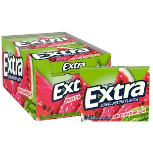 Packaging for Extra Sweet Watermelon Sugarfree Gum by Wrigley, showing the box with images of watermelon slices and the brand's logo.