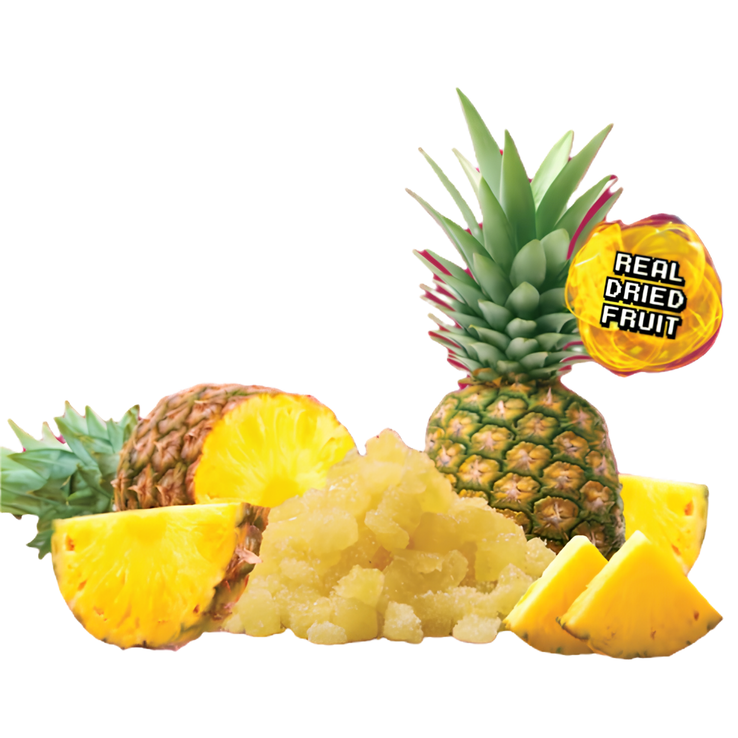 Pineapple-flavored dried fruit shown as a pile of pale yellow crystalline pieces between whole and sliced pineapples on a white background, with a yellow badge reading 'REAL DRIED FRUIT'.