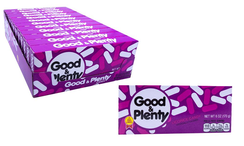Good & Plenty Theater Box featuring chewy black licorice centers covered in classic pink-and-white candy shells.