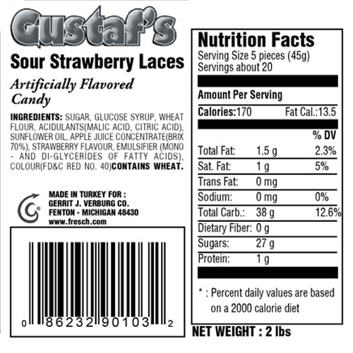 Gerrit's Sour Strawberry Shoestring Licorice Laces - 2lb