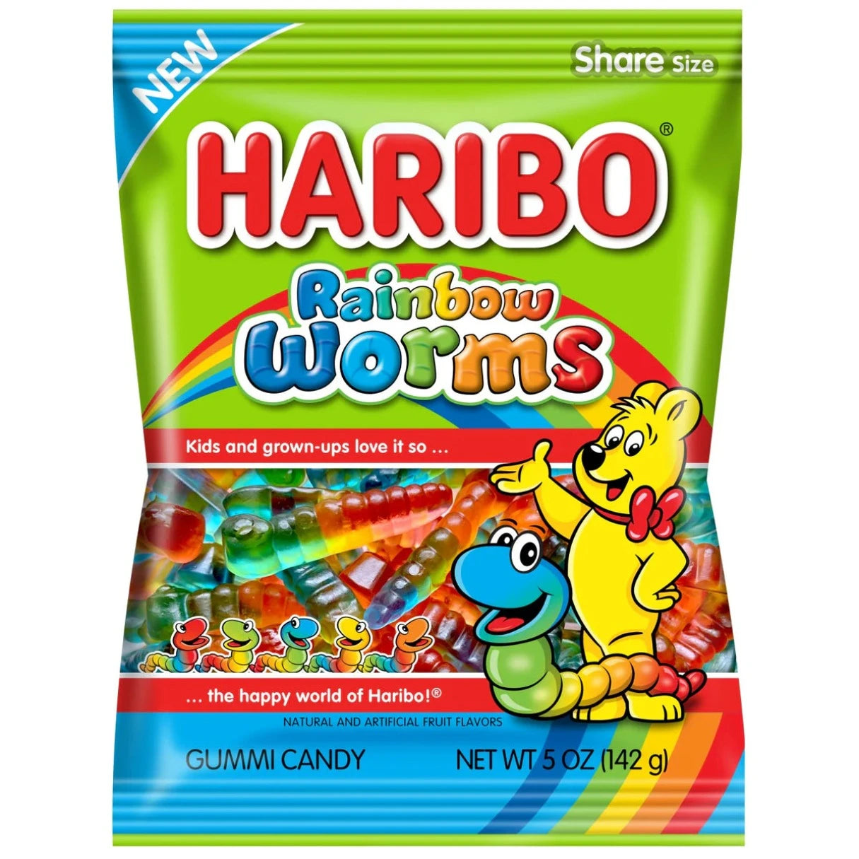 Haribo Rainbow Worms featuring colorful multicolored gummy worms with assorted fruity flavors and a soft, chewy texture.