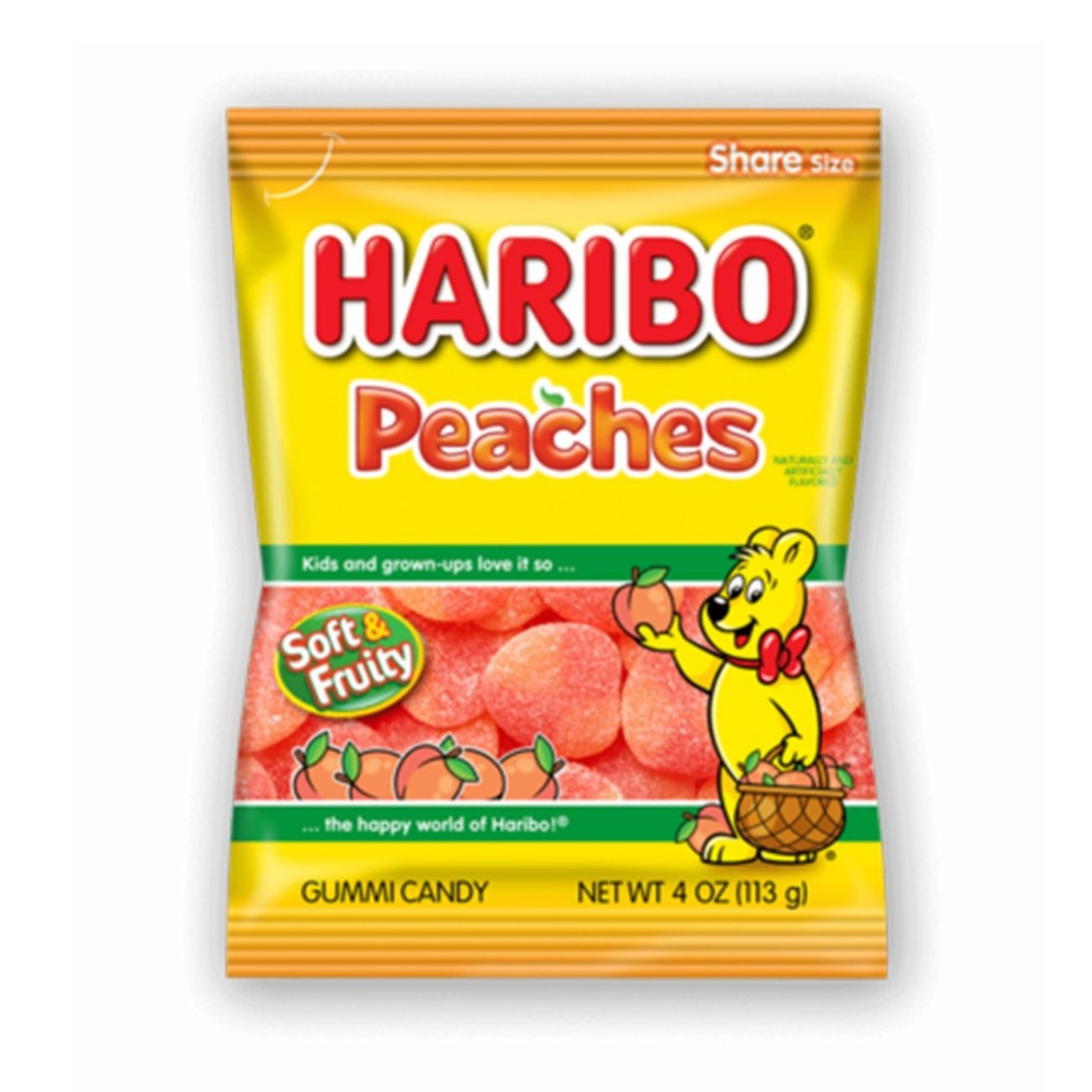A bag of Haribo Gummy Peaches candy featuring the brand's logo, peach-flavored gummies, and a cartoon bear character on the front.