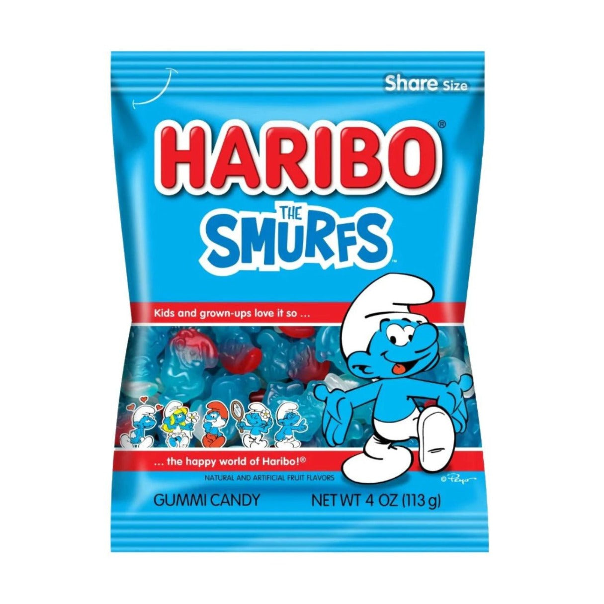 A bag of Haribo The Smurfs gummi candy featuring characters from the Smurf series. The bag is blue with a clear window showing the blue gummies with red, white, and yellow caps.