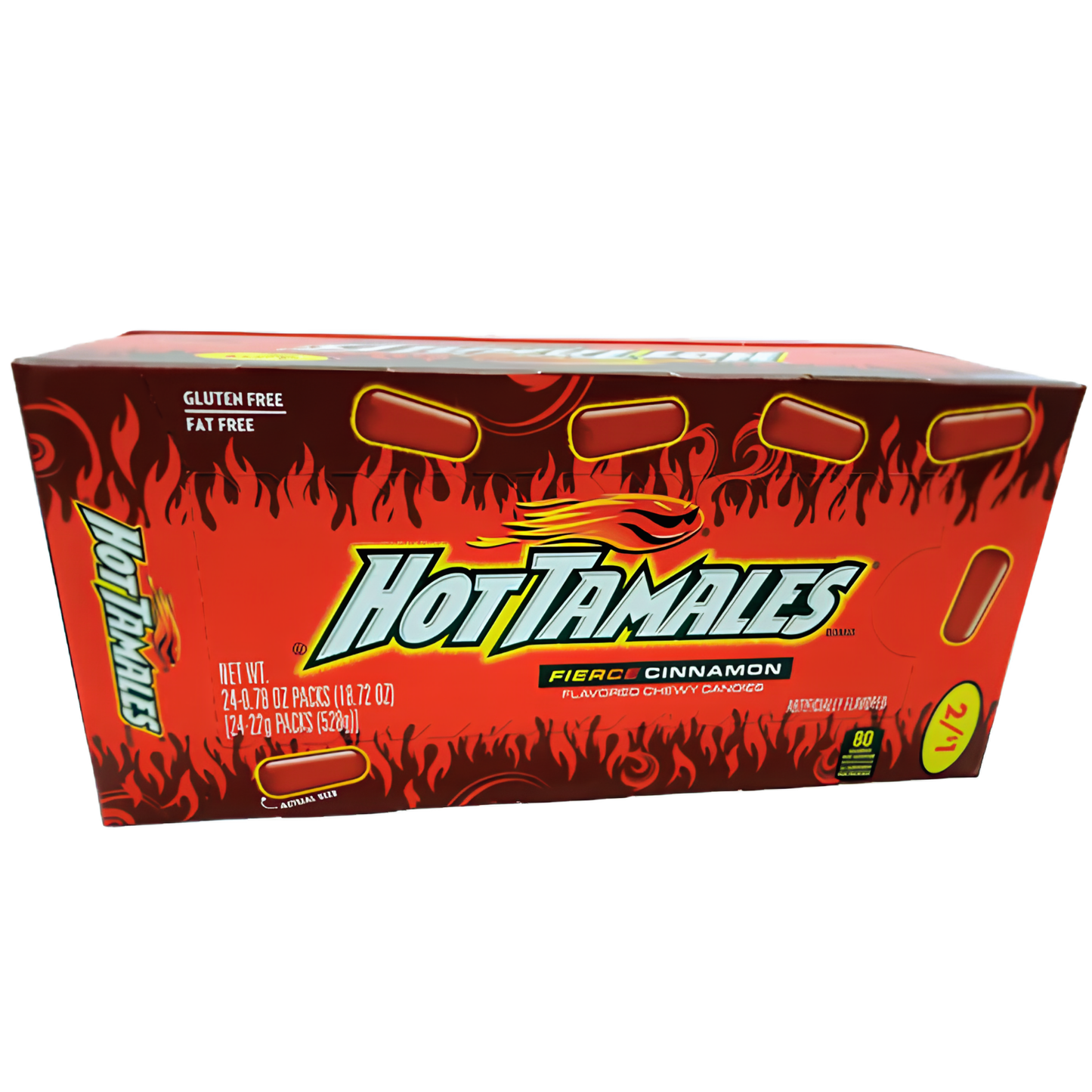 A box of Hot Tamales Fiber Cinnamon flavored candy on a plain white background. Features the brand name 'Hot Tamales' in large stylized letters.