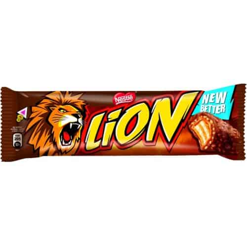A chocolate Lion candy bar with a label showing the brand name and a lion's face, partially covered in chocolate.