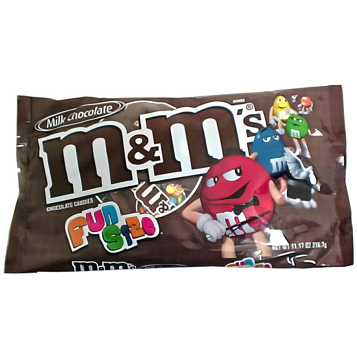 A pack of M&M's Milk Chocolate candy fun size with the M&M's logo and a cartoon character on the front.