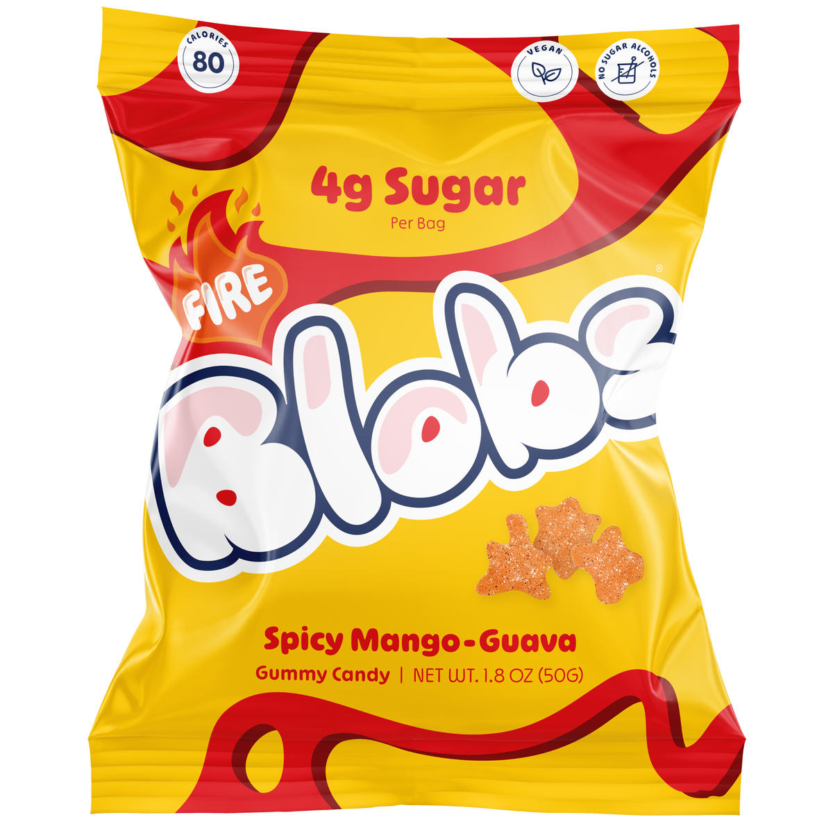 A bag of Blubs Fire Spicy Mango-Guava gummy candy. The packaging is bright yellow with bold red and white branding, featuring a small illustration of three orange-red gummy bears near the bottom center.