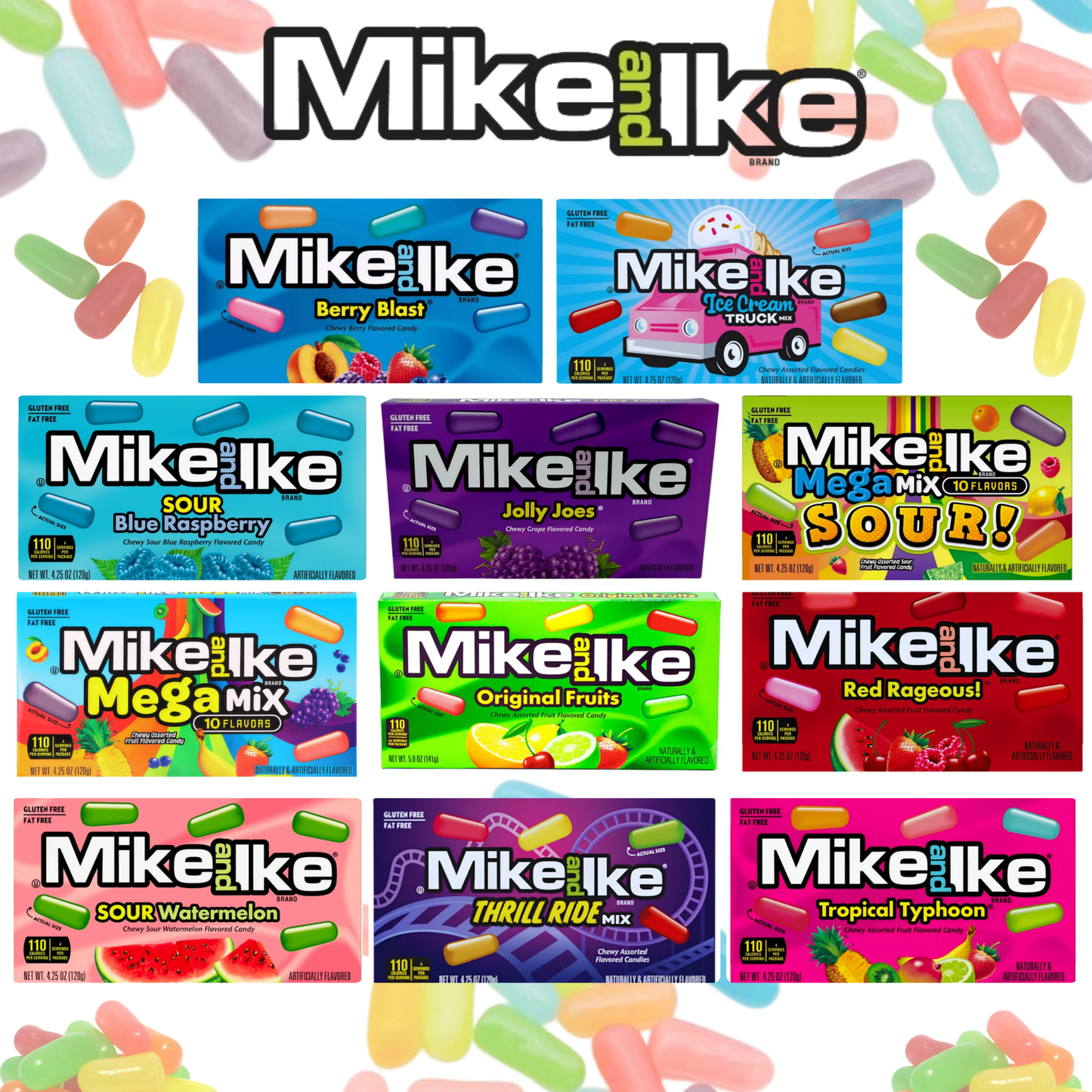Mike and Ike candy variety — 11 flavors including Berry Blast, Ice Cream Truck, Sour Blue Raspberry, Jolly Joes, Mega Mix Sour, Mega Mix, Original Fruits, Red Rageous, Sour Watermelon, Thrill Ride Mix, and Tropical Typhoon