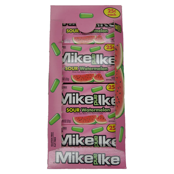 Mike & Ike Sour Watermelon bold watermelon-flavored chewy candy with a tangy sour kick, featuring classic Mike & Ike branding.