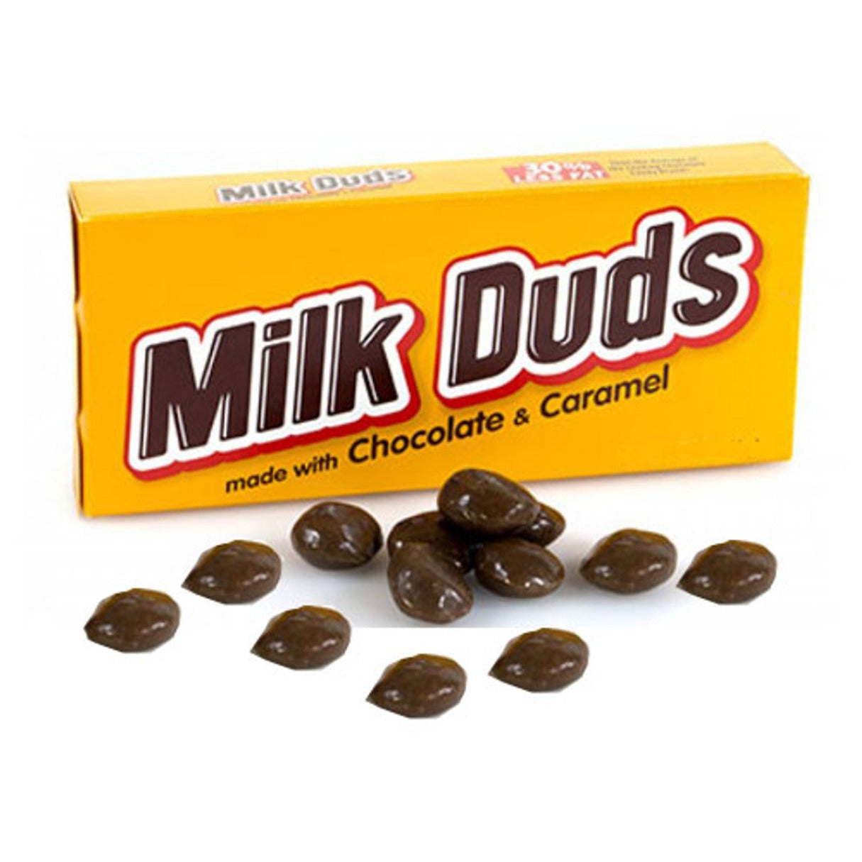 A box of Hershey's Milk Duds chocolate and caramel candy with several pieces of the candy visible in front of the box.