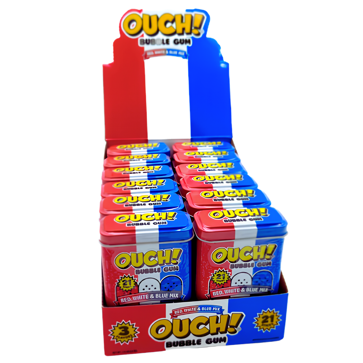 A retail display box filled with small Ouch! Bubble Gum tins, shown on a plain white background. The display and tins are red, white, and blue, with the brand name Ouch! prominently visible.
