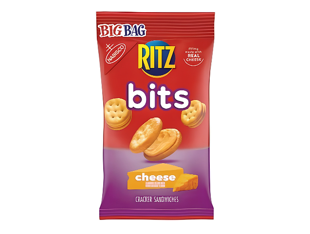 RITZ Bits Cheese Crackers Big Bag. Bite-size sandwich crackers with savory cheese-flavored creme filling.