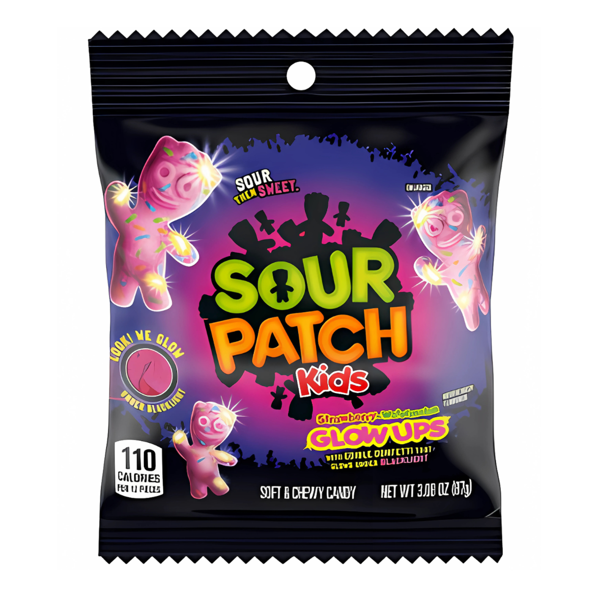 A package of Sour Patch Kids Glow Ups candy, featuring the product's name and a graphic of a glowing candy character, against a black background.