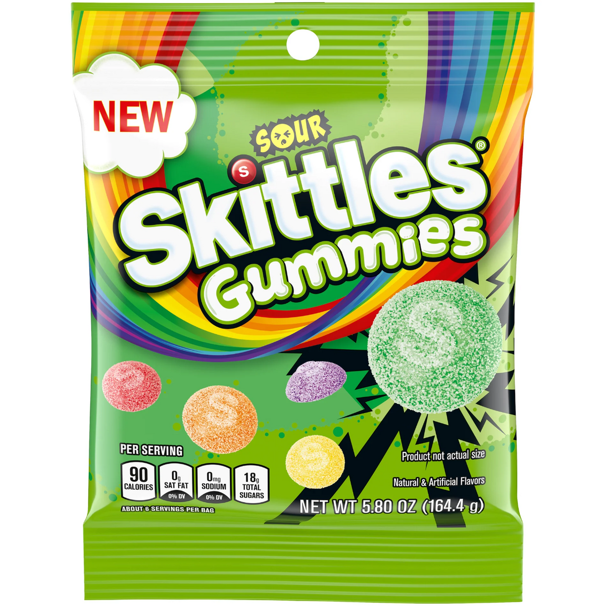 A bright green Skittles Gummies Sour peg bag featuring the classic rainbow logo, a "New" badge, and illustrations of sour gummy candies.