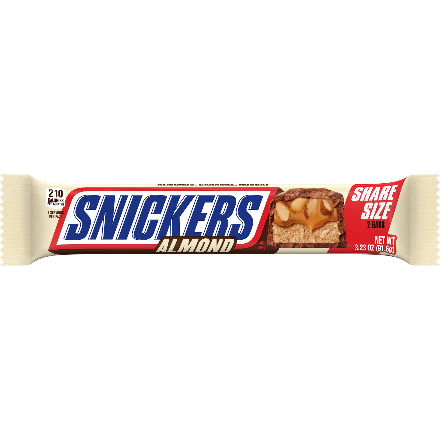 A Snickers Almond candy bar with share size indication, wrapped in white and red packaging.