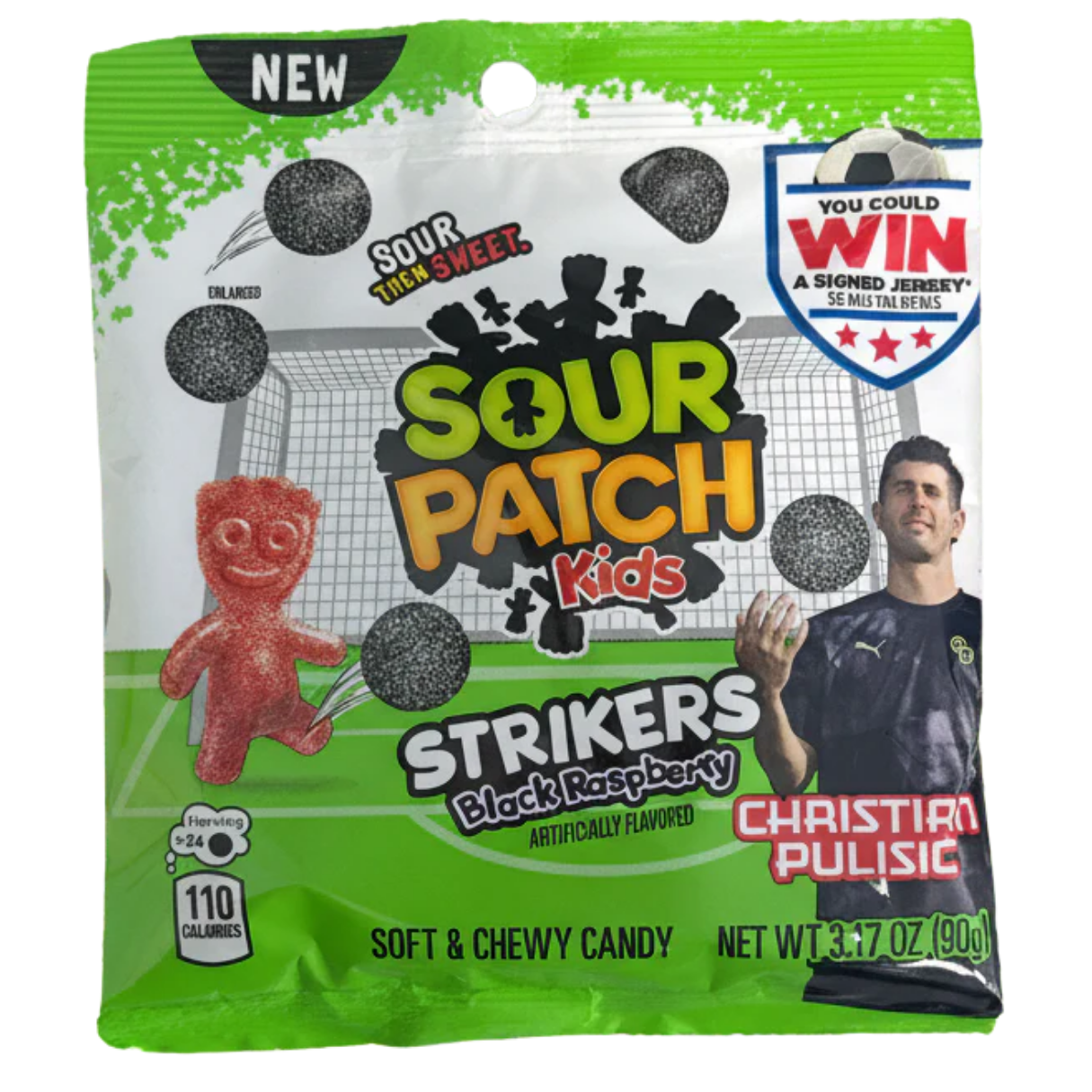 Sour Patch Kids Strikers Black Raspberry candy package with a soccer player and promotional text on a white background