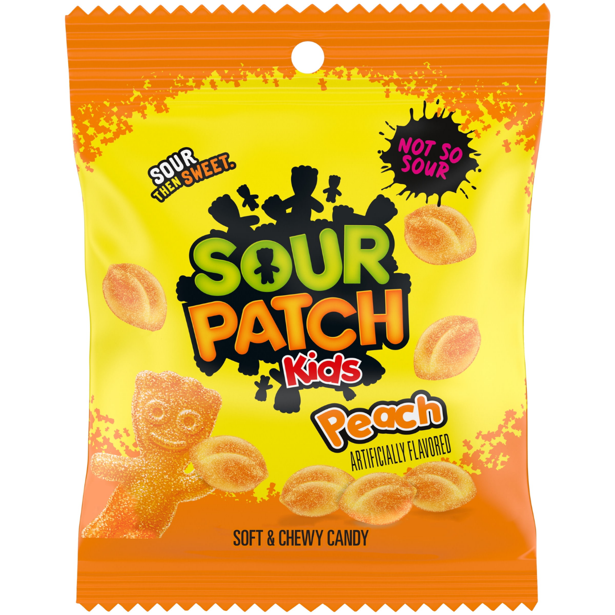 Sour Patch Kids Peach candy package with bright colors on a white background