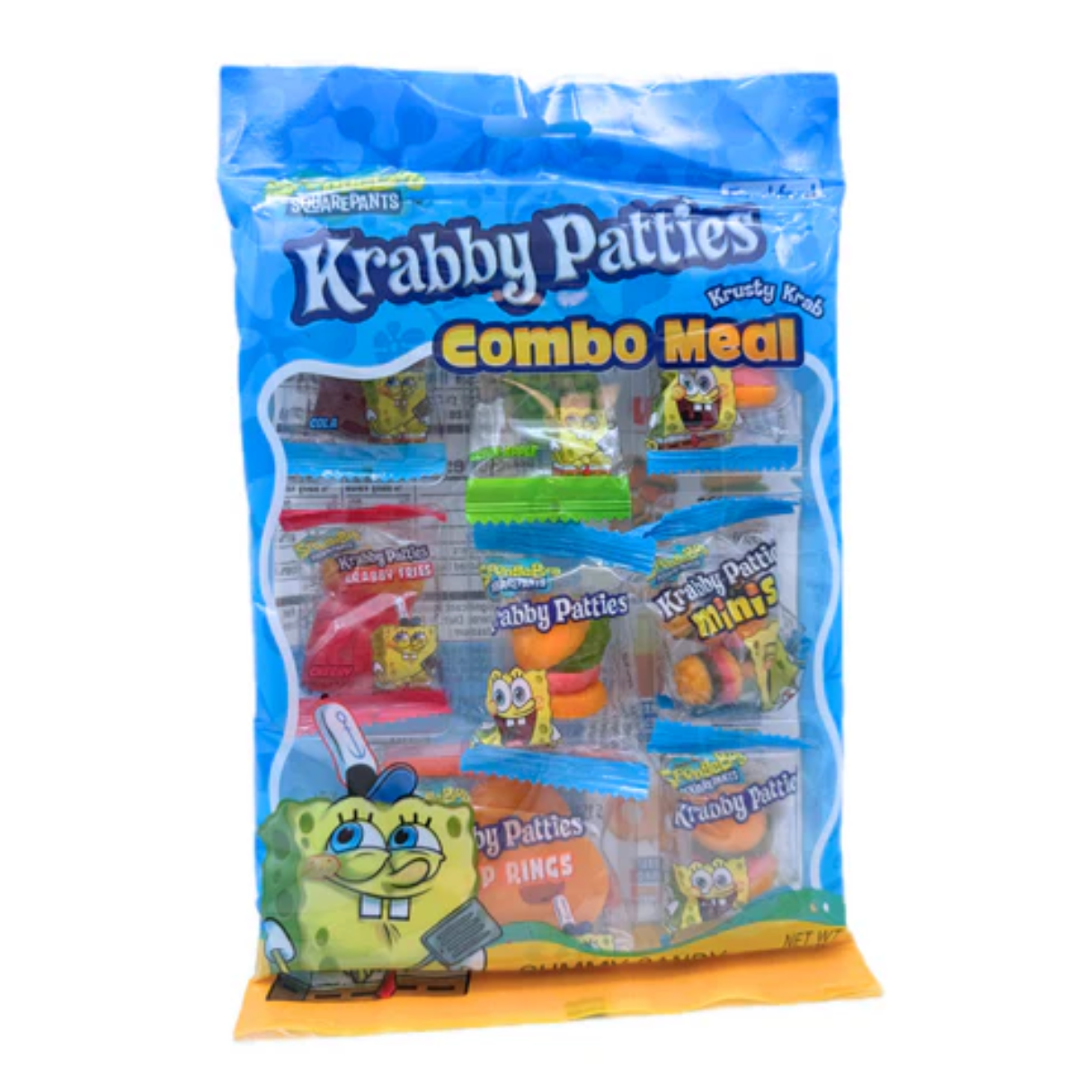 Packaging of Krabby Patties combo meal with SpongeBob SquarePants on a white background