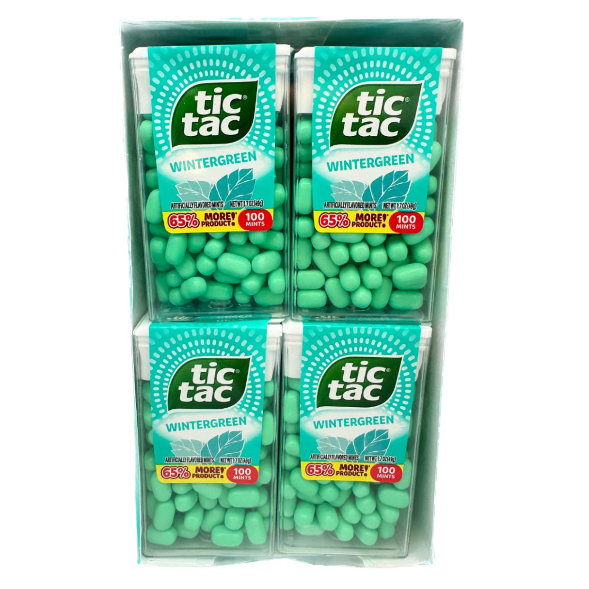 A pack of Tic Tac Wintergreen mints, containing 12 individual boxes with green mint leaves on the packaging.