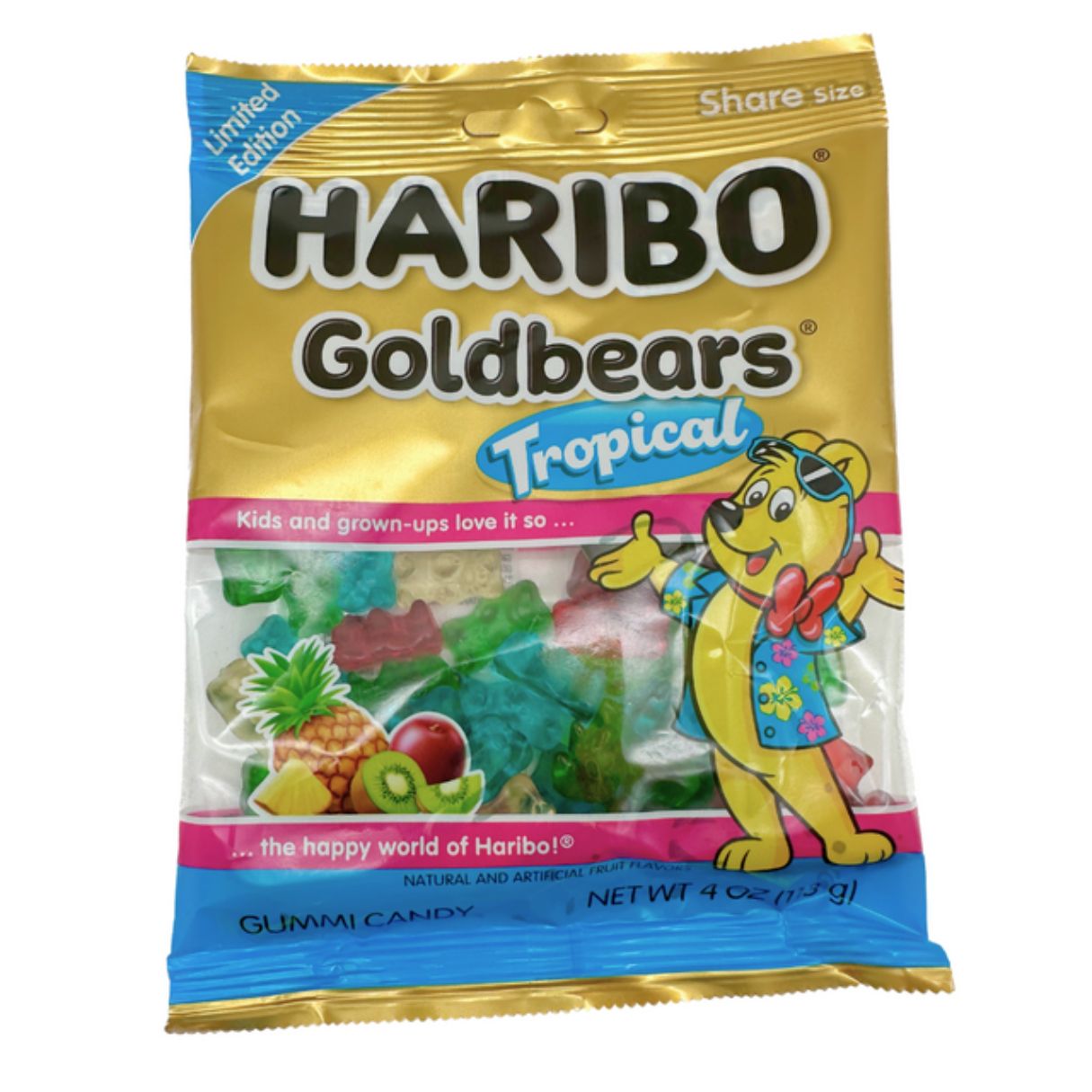 A package of Haribo Goldbears Tropical gummy candies, featuring an illustration of a bear with a surfboard and various fruits, indicating a tropical flavor.