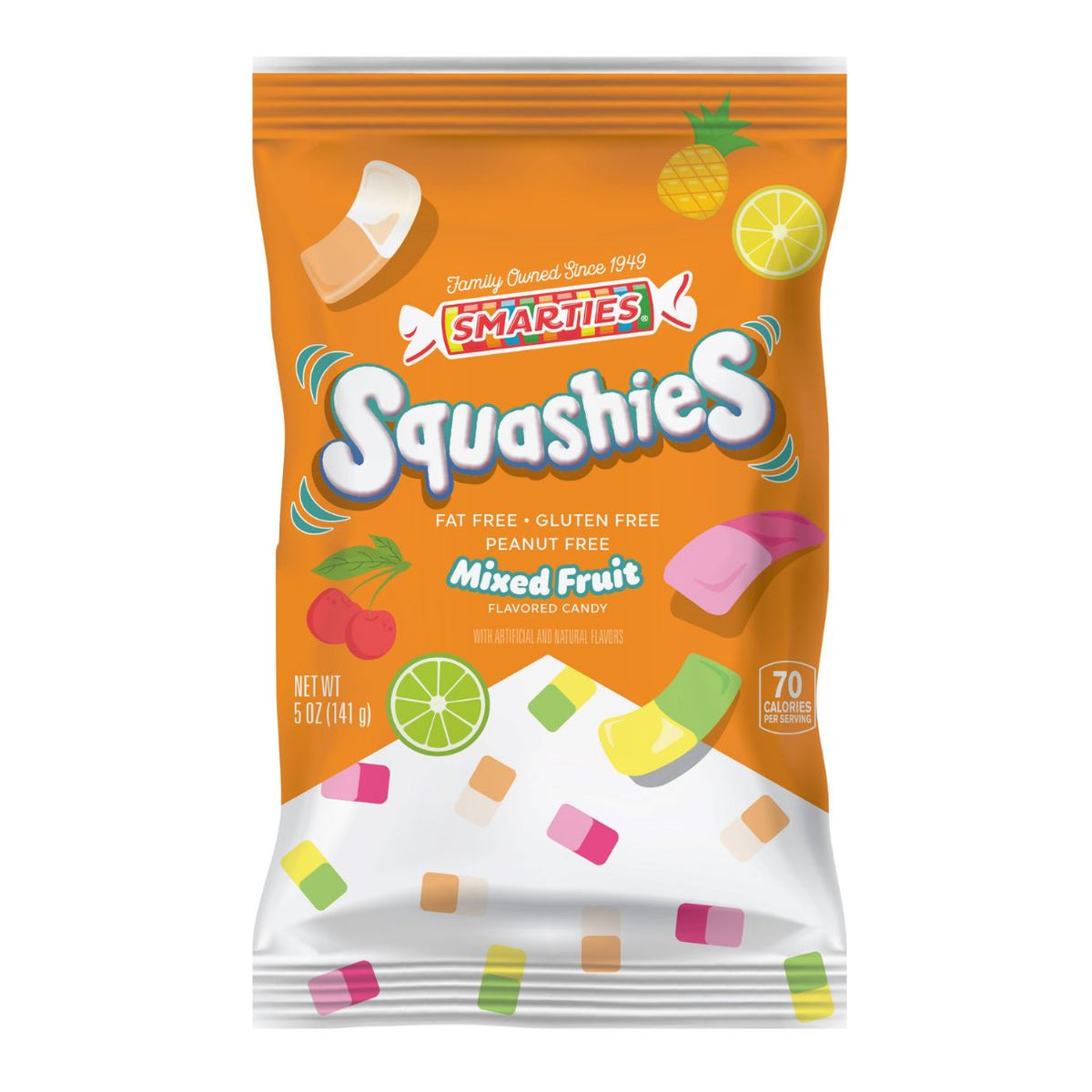 A package of Smarties Squashies Mixed Fruit with six pieces, showcasing the Smarties brand and the mixed fruit flavor, displaying images of lemon, lime, orange, and pineapple.