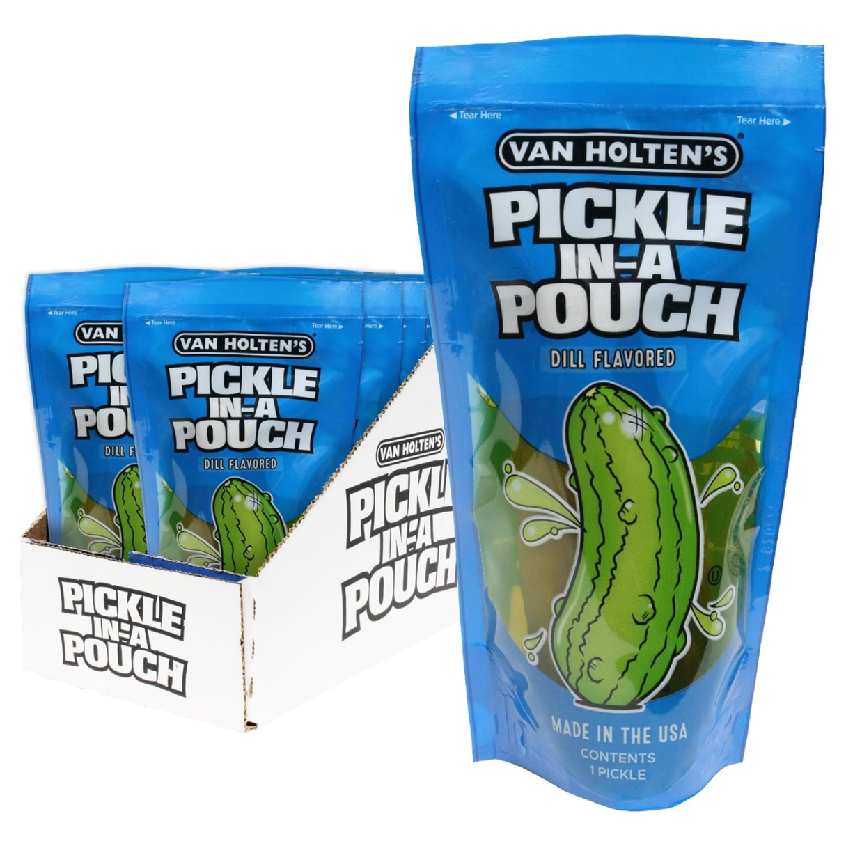 Van Holten's Pickle in a Pouch packaging with blue and white design.