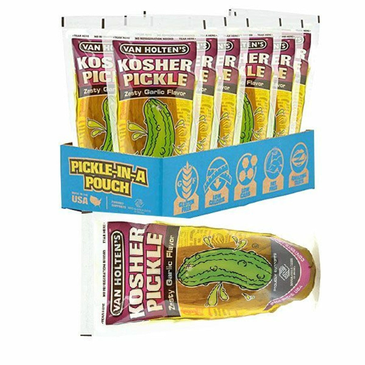 A box of Van Holten's Jumbo Kosher Pickles with individual packaging visible, displaying the product and its kosher certification.